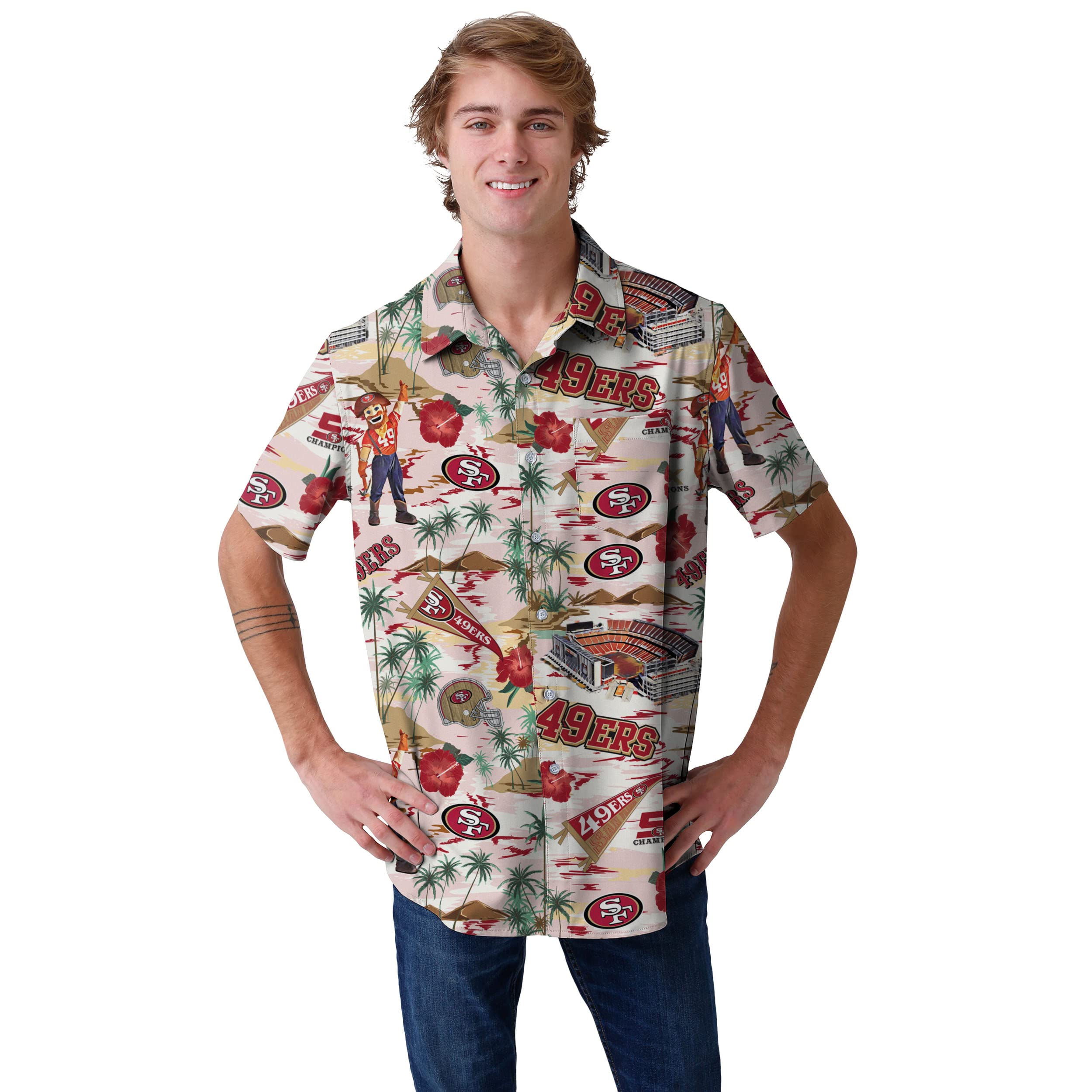 San Francisco 49ers Hawaiian Shirt With Team Logos by FOCO