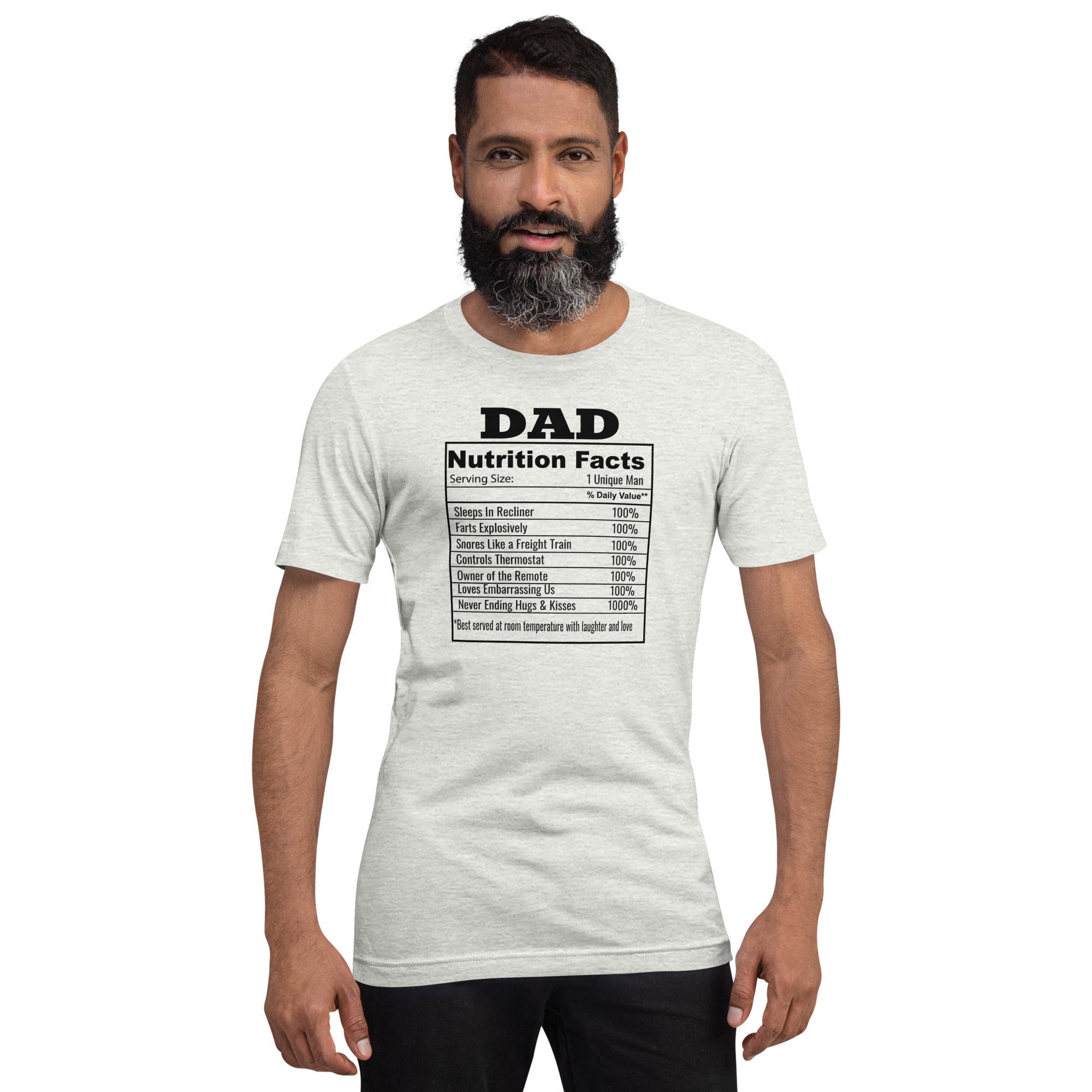 Funny Father's Day Nutrition Facts T-Shirt That Says Dad Snores, Farts and More